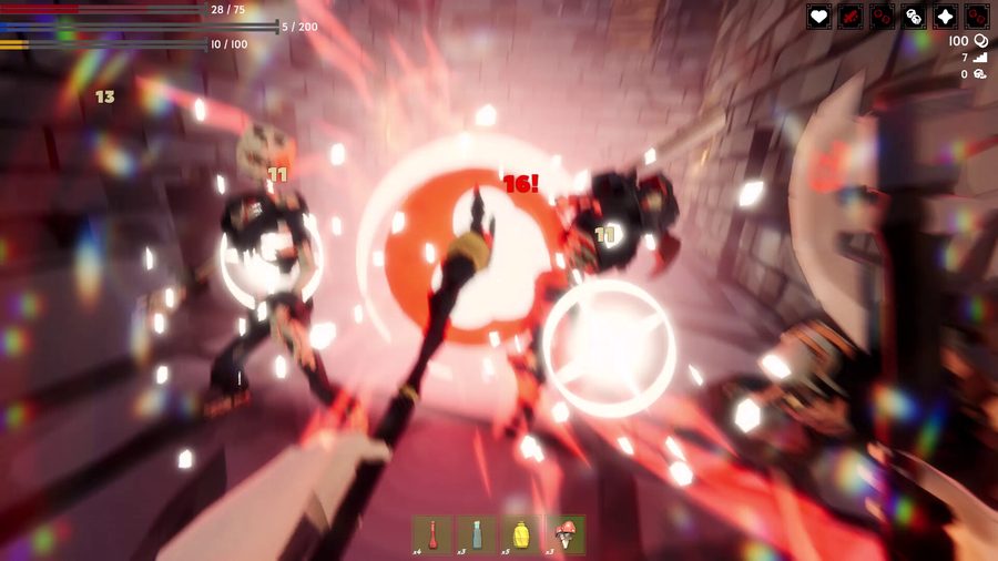 First-person dungeon combat against armored skeletons in Fell & Sell, dual-wielding a mace with damage numbers flying